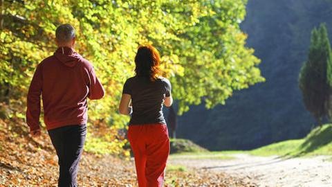 Ein Mann und eine Frau joggen einen Feldweg in der Sonne am Wald entlang. (Foto: Getty Images, Thinkstock -)