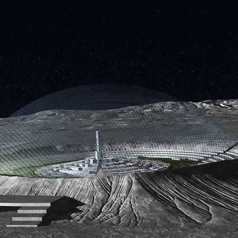 In einem Kuppelkrater befindet sich eine Mondstadt. Die Erde erhebt sich im Hintergrund. (Foto: IMAGO, imago images / StockTrek Images)