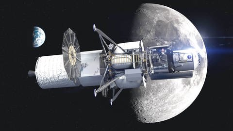 Modell eines Mond-Lander-Fahrzeugs vom Blue-Origin-Team. Blue Origin ist ein privates US-amerikanisches Raumfahrtunternehmen und wurde 2000 von Jeff Bezos gegründet, dem Gründer von Amazon (Foto: imago images, IMAGO / Cover-Images)