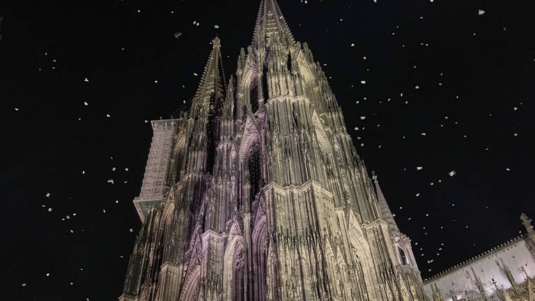 Motten umfliegen nachts den angestrahlten Kölner Dom. Die Lichtverschmutzung nimmt zu und irritiert auch Mäuse, Fledermäuse und Vögel. (Foto: IMAGO, imago images / Action Pictures)