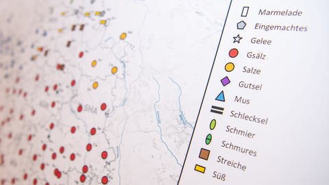 Karte aus dem "Sprachatlas Nord Baden-Württemberg" zeigt die Verbreitung verschiedener Begriffe für Marmelade bzw. Eingemachtes. Der Atlas entstand in zwei Forschungsprojekten der Universität Tübingen. (Foto: picture-alliance / Reportdienste, picture alliance/Fabian Sommer/dpa )