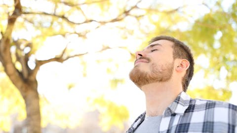Ein Mann atmet entspannt im Park. Seitdem sich immer mehr Menschen für Achtsamkeit und Meditation interessieren, liegen Atem-Kurse, Atem-Apps und Ratgeber zum "richtigen Atmen" im Trend. (Foto: IMAGO, imago images / Panthermedia)