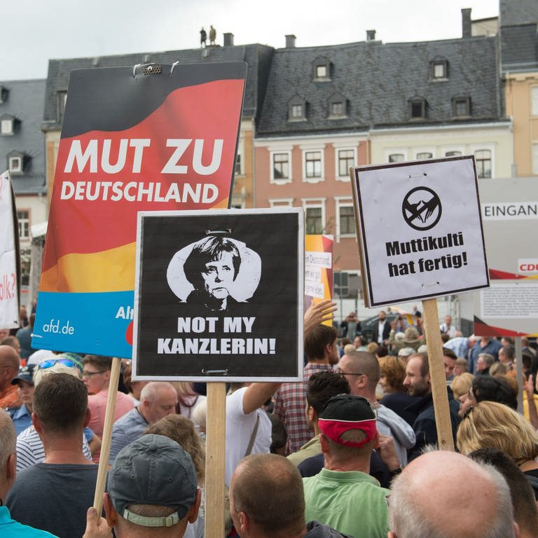 Demonstranten während eines Wahlkampfauftritts von Angela Merkel (Foto: picture-alliance / Reportdienste, picture alliance/Sebastian Kahnert/dpa-Zentralbild/dpa)