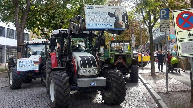 Traktoren mit Protestschildern in der Freiburger Innenstadt (Foto: SWR, SWR - Bärbel Waltenbauer)