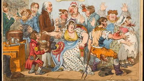 "The cow pock" or "The Wonderful Effects of the new Inoculation". Satire auf Jenners Behandlung (James Gillray) 1802 (Foto: picture-alliance / Reportdienste, picture alliance / Mary Evans Picture Library)