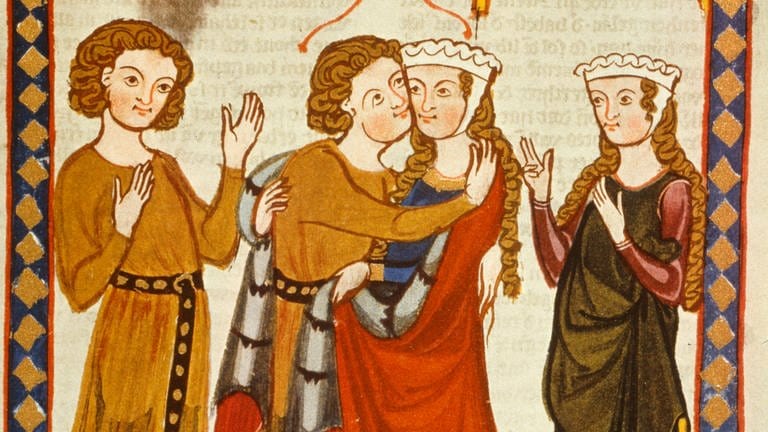 Der von Wengen, seine Dame zur Begrüßung umarmend. Buchmalerei aus dem Codex Manesse (Große Heidelberger LIederhandschrift), Zürich um 1310-1340 (Foto: picture-alliance / Reportdienste, picture-alliance / akg-images | akg-images)
