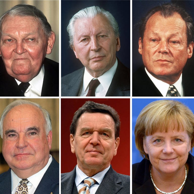Sieben Männer haben seit 1949 im Amt des Bundeskanzlers die Geschicke der Bundesrepublik bestimmt, bevor mit Angela Merkel die erste Frau das Amt übernahm: Konrad Adenauer (CDU), 1949-1963, Ludwig Erhard (CDU), 1963-1966, Kurt Georg Kiesinger (CDU), 1966-1969 und Willy Brandt (SPD), 1969-1974 (Foto von 1973). Untere Reiehe: Helmut Schmidt (SPD), 1974-1982, Helmut Kohl (CDU), 1982-1998, Gerhard Schröder (SPD), 1998-2005 und Angela Merkel (CDU), 2005 bis 2021 (Foto: dpa Bildfunk, picture alliance / dpa | DB)