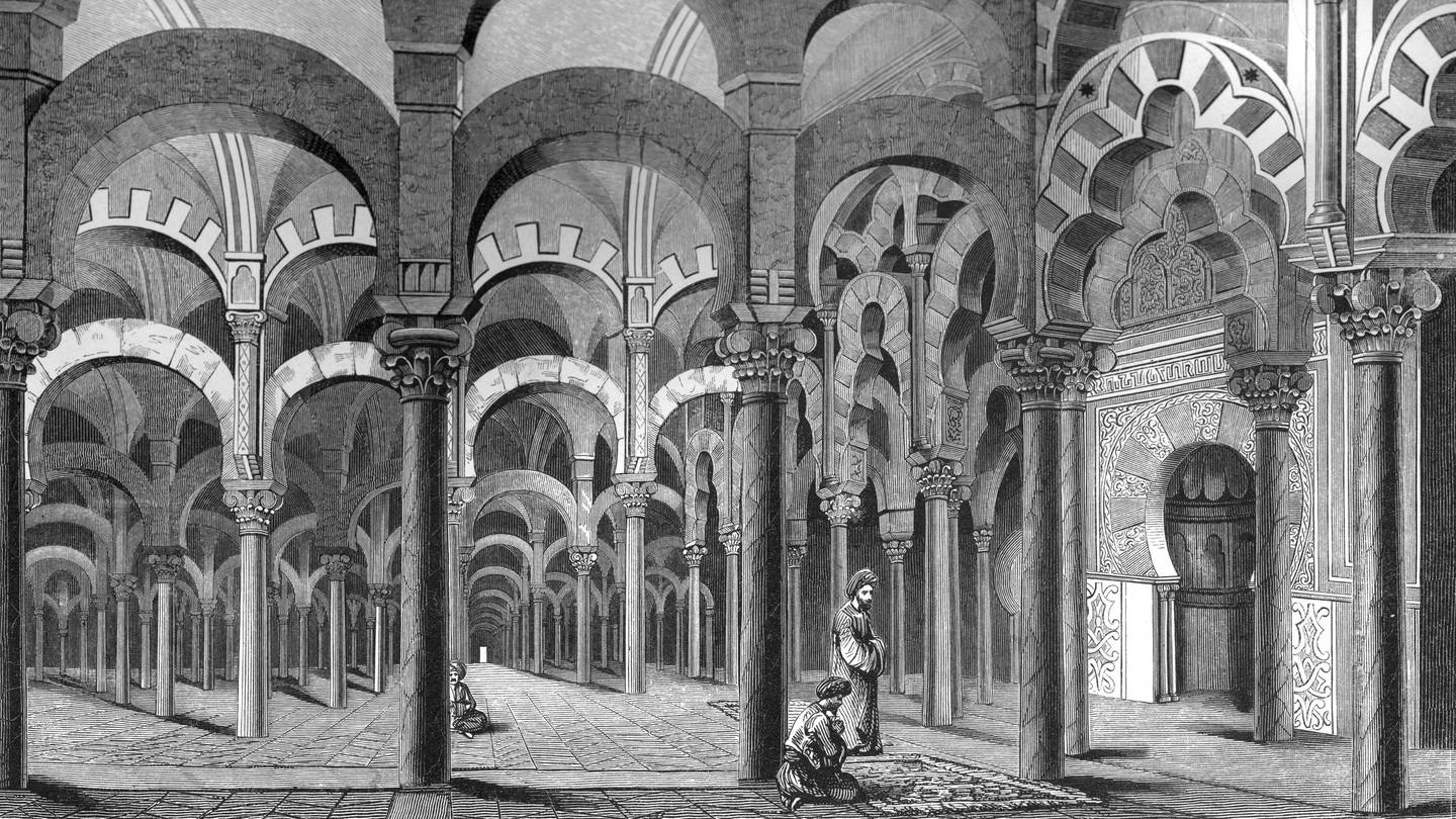 Die Mezquita in Córdoba, 1849. Die Mezquita wurde ursprünglich als Lagerhaus/Leuchtturm gebaut. Später wurde sie die zweitgrößte Moschee der Welt. (Foto: picture-alliance / Reportdienste, picture-alliance / /HIP | The Print Collector)