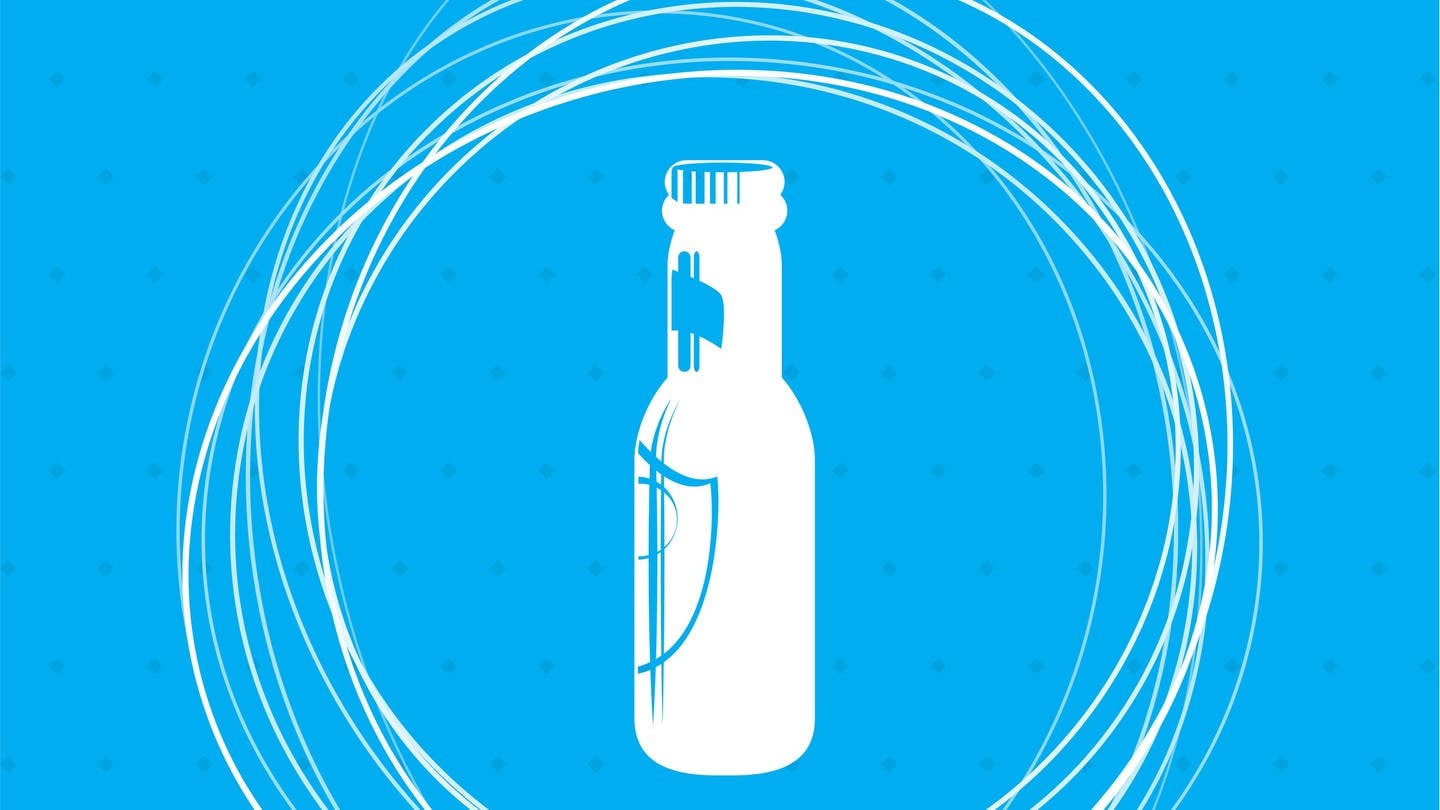 Grafik: weiße Bierflasche auf blauem Hintergrund mit weißen Kreisen: Lange galten absolute Abstinenz und Verhaltenstherapie als einzige Wege aus der Alkoholsucht. Hilfreicher sind für viele Menschen aber Ansätze wie 