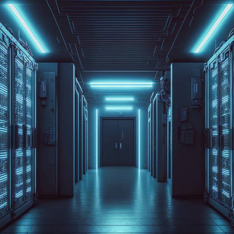 Generative KI-Illustration eines langen Korridors in einem Raum mit Rack-Computern und Cloud-Speicher (Foto: IMAGO, IMAGO / Addictive Stock)