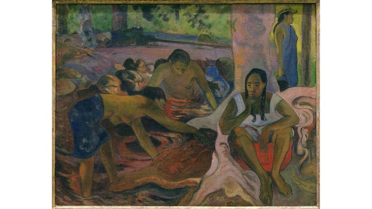 "Pêcheuses tahitiennes" – "Tahitianische Fischerinnen", 1891: Drei Tahitianerinnen in einem Halbkreis. Eine Frau steht mit den Füßen im Wasser. Die beiden anderen sitzen am Boden. Es ist eins der ersten Bilder, die Gauguin auf Tahiti malte, im Jahr seiner Ankunft auf der Südseeinsel. Es ist eine Vision von Menschen, die vermeintlich nur die Süße des Lebens kennen, von Frauen, die sanft und wild zugleich sind. So malte er sie: ursprünglich und unzivilisiert, mit leuchtend bunten Farbkompositionen (Foto: picture-alliance / Reportdienste, picture alliance / akg-images | akg-images)