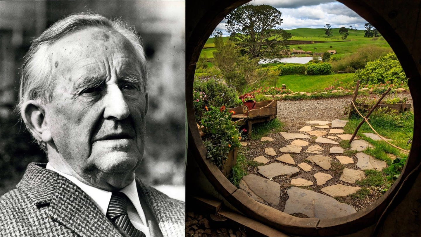 Der Autor J. R. R. Tolkien und ein Ausblick aus einer Hobbit-Behausung in Hobbingen am Drehort der Film-Trilogien 
