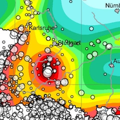 Erdbebenkarte von Süddeutschland. (Foto: G. Grünthal et al., Helmholtz-Zentrum Potsdam - Deutsches GeoForschungsZentrum GFZ)