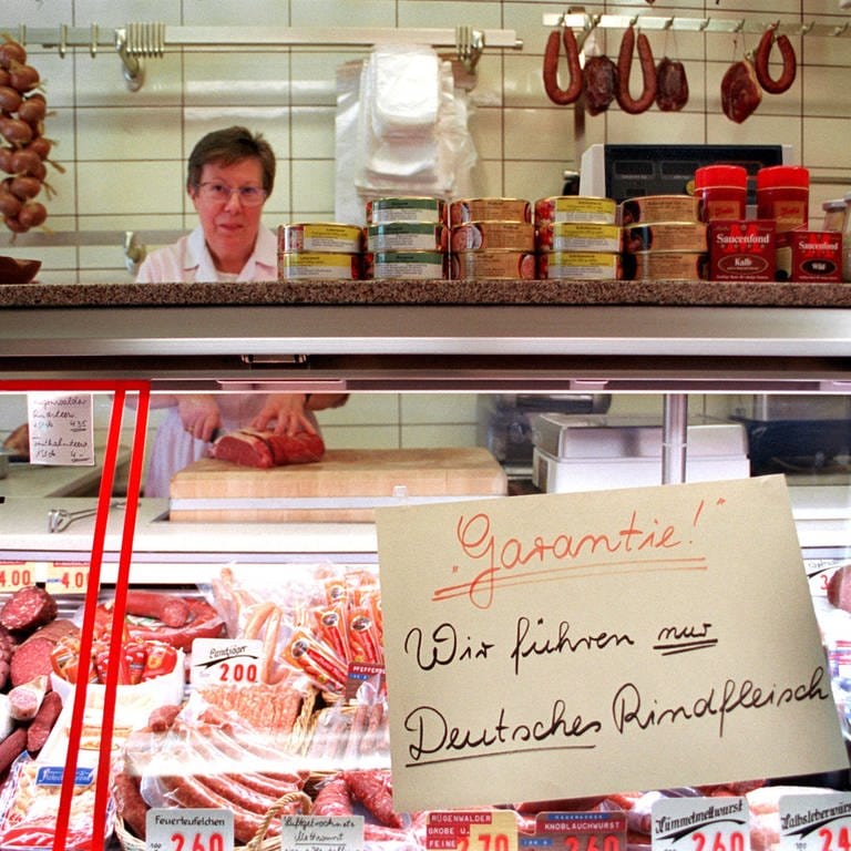 Mit einem Schild "Garantie – Wir führen nur Deutsches Rindfleisch" an der Fleischtheke möchte eine Metzgerei in Frankurt ihren Kunden die Angst vor importiertem, BSE-verseuchtem Fleisch nehmen (1.7.1994) (Foto: picture-alliance / Reportdienste, (c) dpa - Bildarchiv)