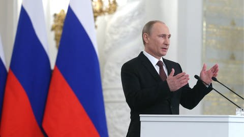 Russlands Präsident Wladimir Putin hält am 18. März 2014 eine "Rede an die Nation" im Zusammenhang mit den Ereignissen auf der Krim (Foto: picture-alliance / Reportdienste, picture alliance / dpa | Mikhail Metzel)