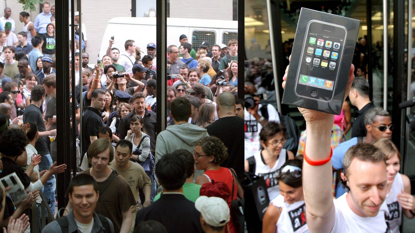 Verkaufsstart des iPhones in New York am 29.6.2007 (Foto: picture-alliance / Reportdienste, epa Justin Lane (Collage SWR))