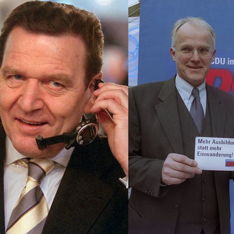 Bundeskanzler Gerhard Schröder (SPD) und Jürgen Rüttgers, CDU-Spitzenkandidat in NRW streiten im Jahr 2000 über die Greencard für IT-Fachleute. (Foto: IMAGO, picture-alliance / Reportdienste, Collage: SWR)