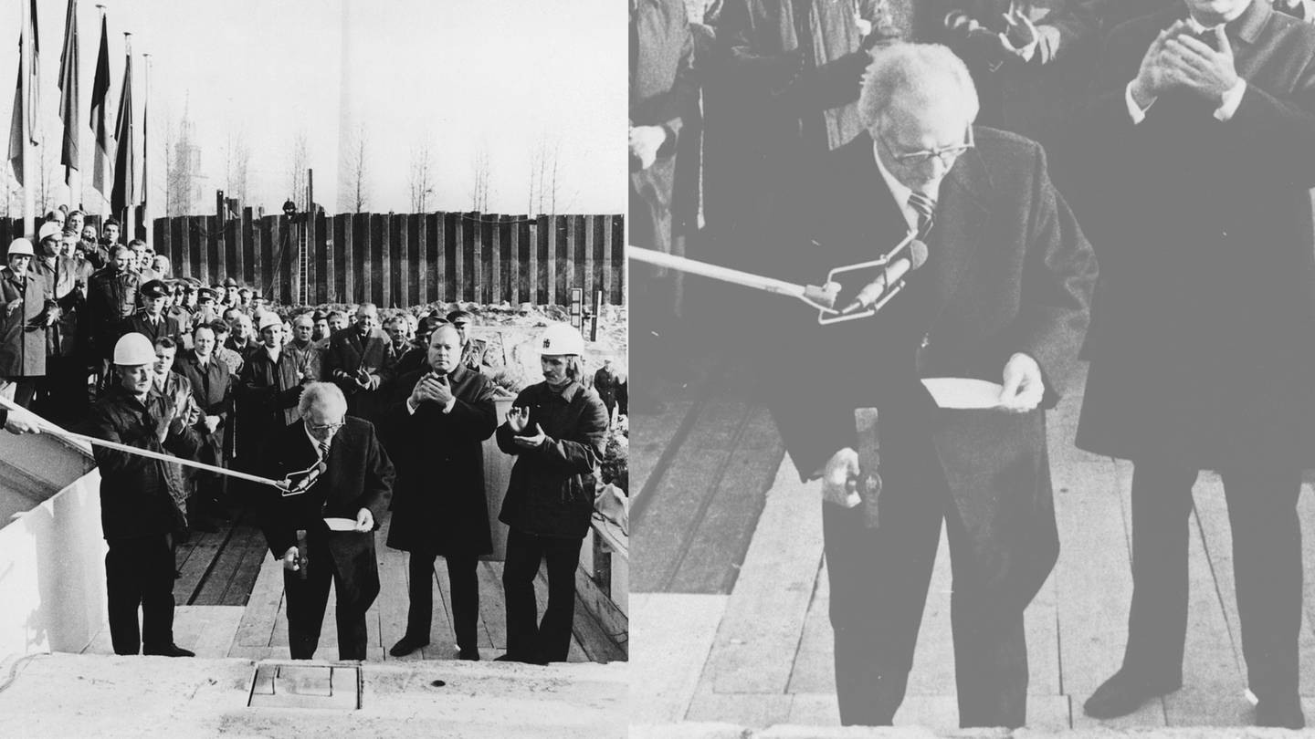 Grundsteinlegung für den Palast der Republik am 2. November 1973: Der Erste Sekretär des ZK der SED, Erich Honecker (Mitte), führt die drei traditionellen Hammerschläge aus (Foto: picture-alliance / Reportdienste, picture-alliance / akg-images | akg-images)