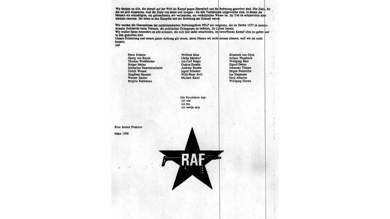 Die letzte Seite des Schreibens der Roten Armee Fraktion (RAF). Das Dokument ging am 20. April 1998 bei einer Nachrichtenagentur ein. "Heute beenden wir das Projekt", hieß es dort. "Die Stadtguerilla in Form der RAF ist nun Geschichte." (Foto: dpa Bildfunk, picture-alliance/ dpa)