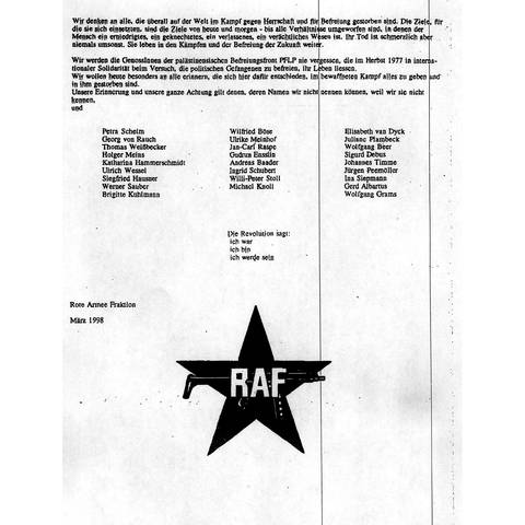 Die letzte Seite des Schreibens der Roten Armee Fraktion (RAF). Das Dokument ging am 20. April 1998 bei einer Nachrichtenagentur ein. "Heute beenden wir das Projekt", hieß es dort. "Die Stadtguerilla in Form der RAF ist nun Geschichte." (Foto: dpa Bildfunk, picture-alliance/ dpa)