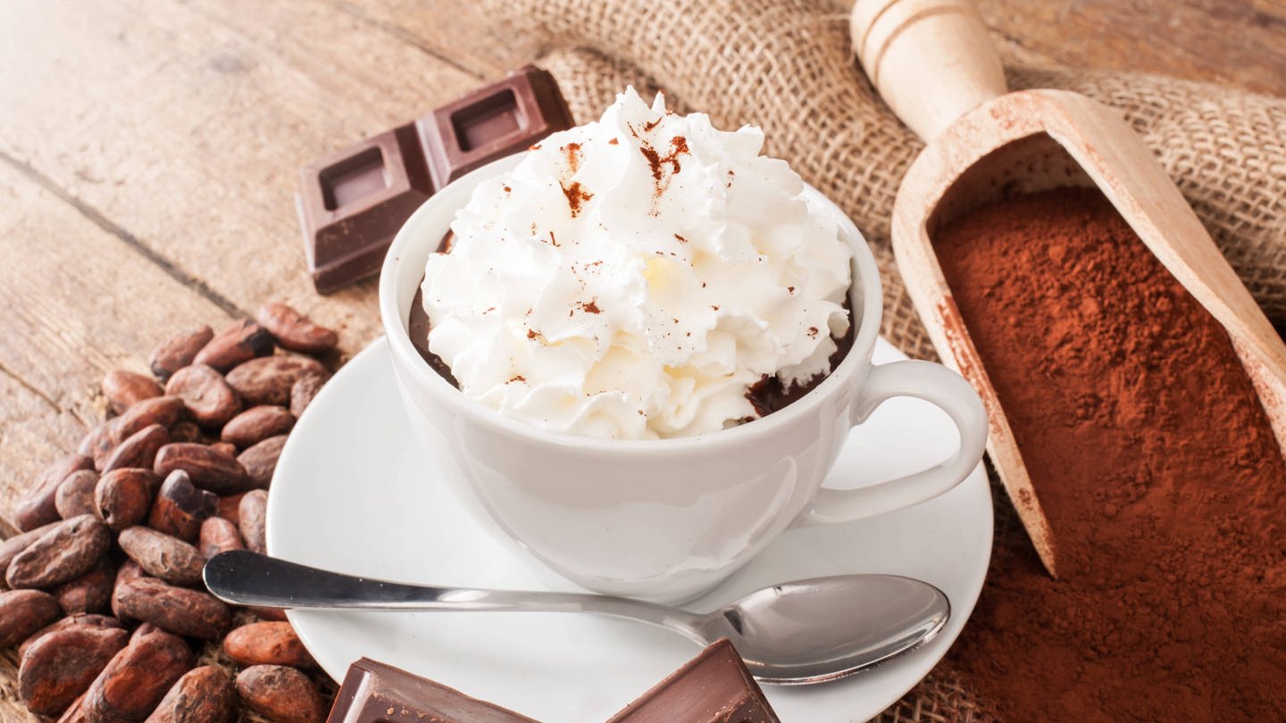 Eine weiße Tasse mit heißer Schokolade und Schlagsahne, daneben liegen Kakaobohnen, Kakaopulver und Blockschokolade
