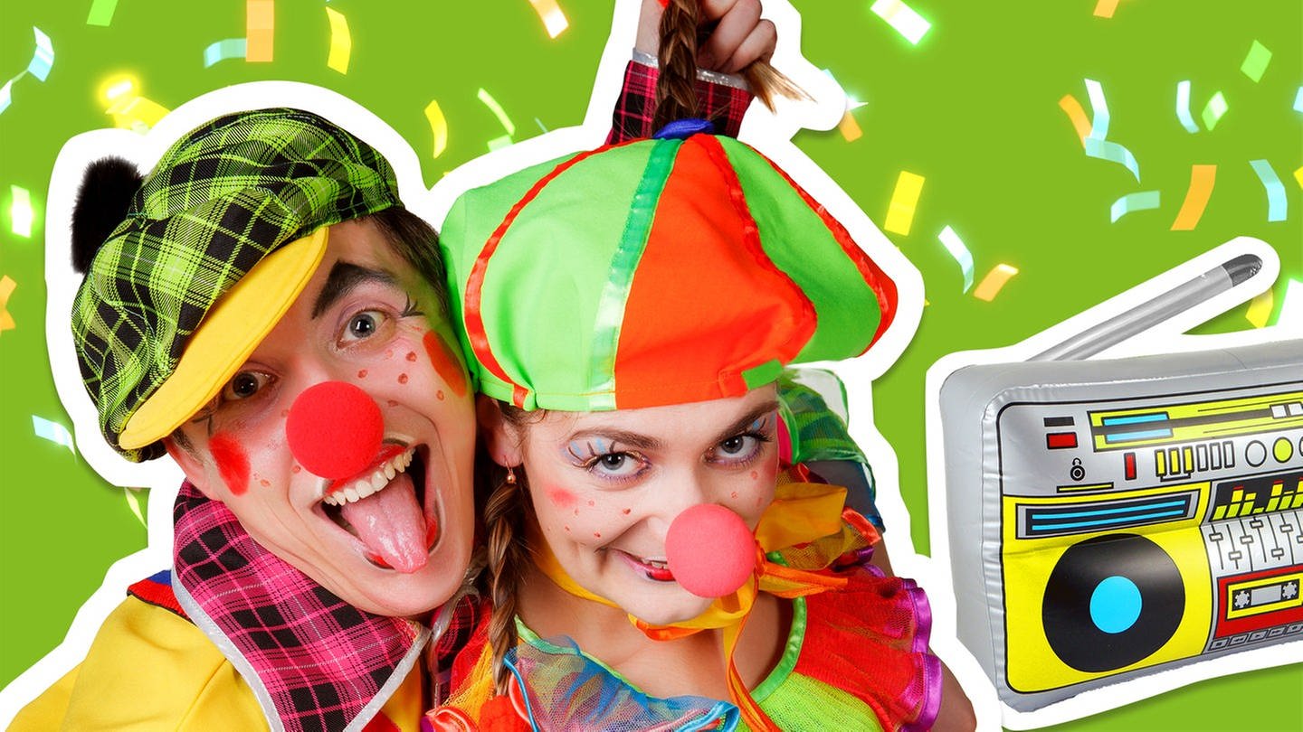 Ein Mann und eine Frau, beide verkleidet als Clowns und ein aufblasbares Gummi-Radio. Er zieht sie an den Haaren. (Foto: Colourbox, Montage: SWR)