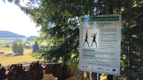 Wandern in BW: Plakate entlang des Naturpfads führen ein in Yoga-Übungen.