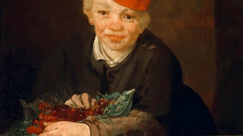 Ein Ölgemälde zeigt einen Jungen mit roter Mütze, der sich mit einem Bündel Kirschen über eine Steinplatte lehnt. (Foto: picture-alliance / Reportdienste, picture alliance / akg-images | akg-images)