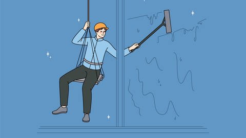 Comicgrafik zeigt einen Fensterputzer bei der Arbeit, der sich vor einem blauen Hintergrund abseilt. (Foto: picture-alliance / Reportdienste, picture alliance / Zoonar | Elada Vasilyeva)