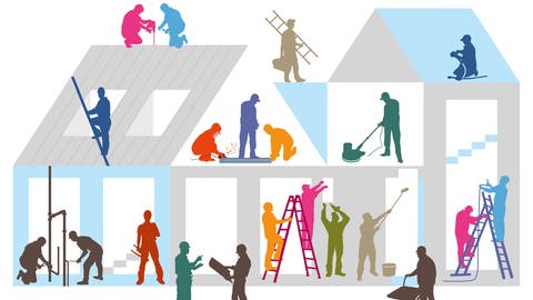 Piktogramm zeigt stilisiert zahlreiche Handwerker mit Werkzeugen, die an einem Haus arbeiten. (Foto: picture-alliance / Reportdienste, picture alliance/vizualeasy | scusi)