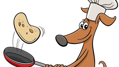 Comic-Grafik zeigt einen Hund mit Kochmütze, der über einer Herdplatte einen Pfannkuchen in einer Pfanne schwenkt. (Foto: picture-alliance / Reportdienste, picture alliance / Zoonar | Igor Zakowski)