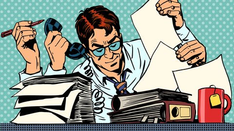 Comicgrafik zeigt einen Mann mit vier Armen an einem Schreibtisch mit Papierstapeln, Ordnern, Telefon und Teetasse. (Foto: picture-alliance / Reportdienste, picture alliance / Zoonar | Valery Kachaev)
