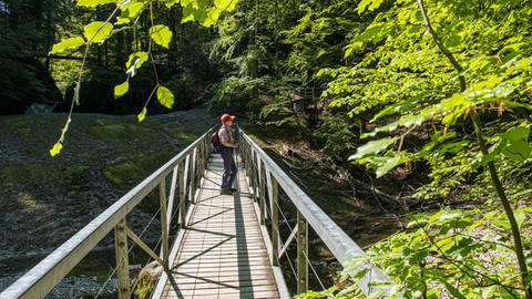 Eine Wanderin läuft über eine Holzbrücke auf dem Rundwanderweg im Allgäu durch den Eistobel zur Riedholzer Kugel. (Foto: Herbert Neidhardt | tt-bilder)