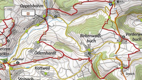 Wanderkarte für die Rundwanderung in Berglen an den Ausläufern des Welzheimer Waldes.