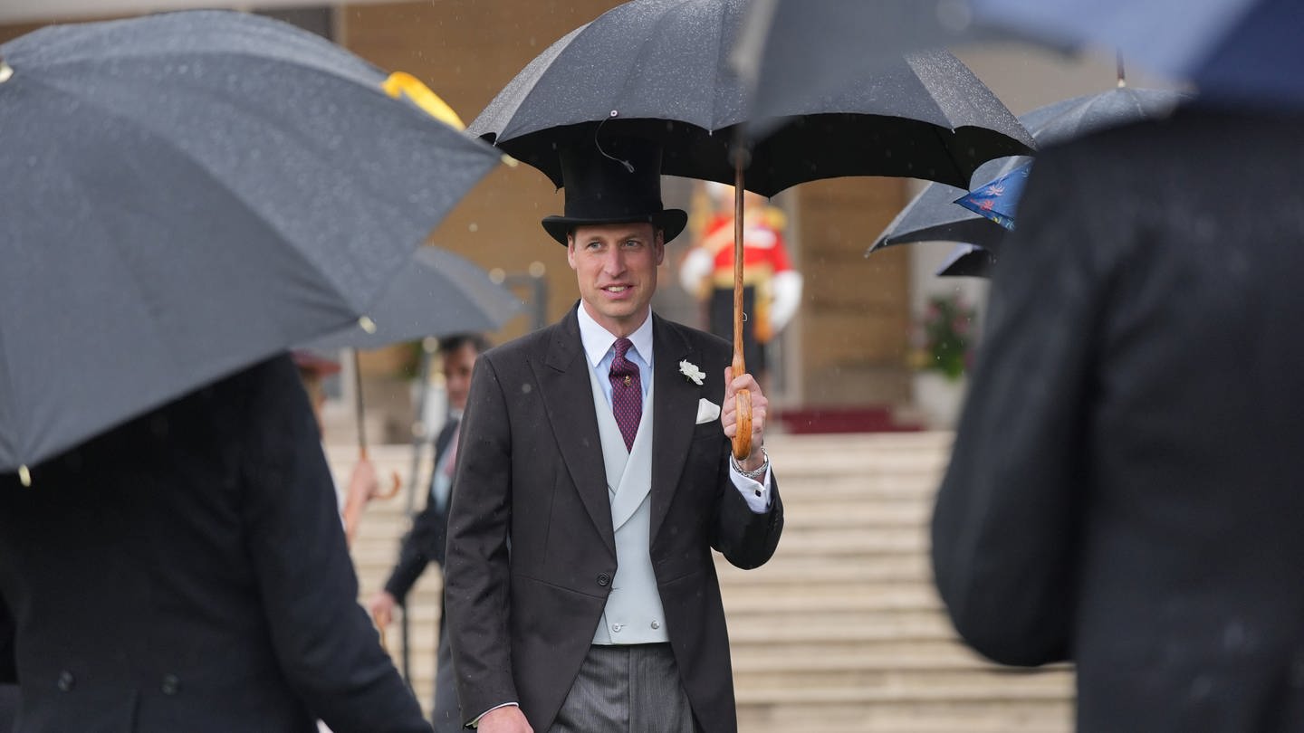 Prinz William mit Anzug, Zylinder und Regenschirm auf der Gartenparty vor dem Buckingham Palast (Foto: picture-alliance / Reportdienste, picture alliance/dpa/PA Wire | Yui Mok)
