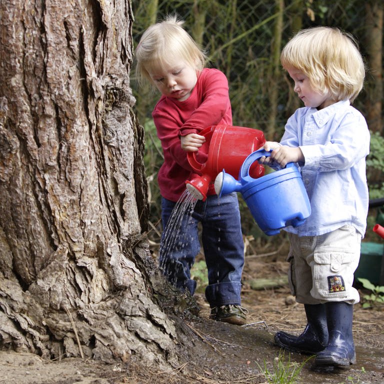Trockenheit: Zwei Kinder gießen mit kleinen Gießkannen einen Baum (Foto: picture-alliance / Reportdienste, photothek)