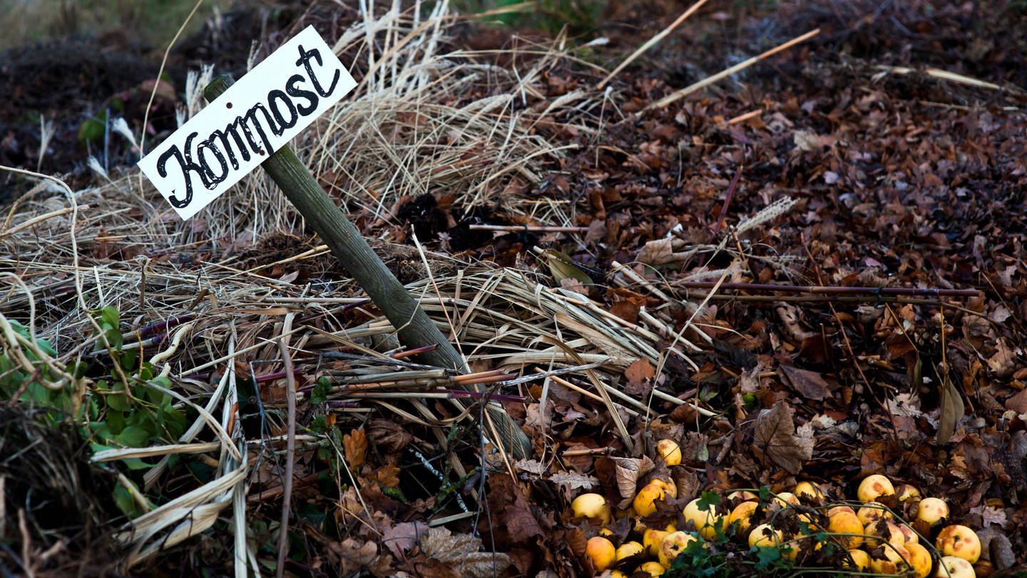 Ein angelegter Komposthaufen in einem Garten in dem ein Pfahl mit der Beschriftung 