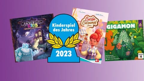 Schachteln der zum "Kinderspiel des Jahres 2023" nominierten Kinderspiele "Carla Caramel", "Gigamon" und "Mysterium Kids"   (Foto: Pressestelle, Hutter Trade/B-Rex Entertainment(Asmodee)