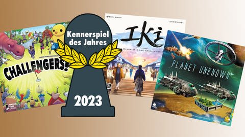 Schachteln der zum "Kennerspiel des Jahres 2023" nominierten Spiele "Challengers!", "Iki" und ""Planet Unknown" (Foto: Pressestelle, Asmodee/B-Rex Entertainment/Strohmann Games, Collage: SWR)