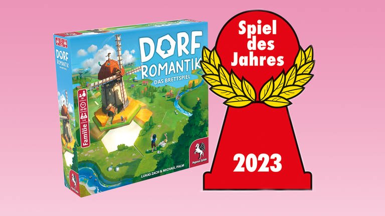 Schachtel des als "Spiel des Jahres 2023" prämierten "Dorfromantik" (Foto: Pressestelle, Pegasus, Spiel des Jahres, Collage: SWR)