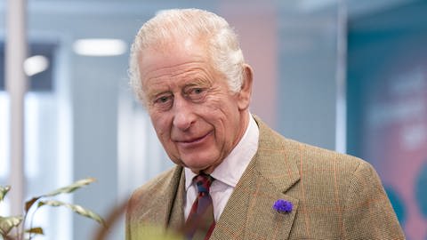 König Charles steht vor einem grünen Pflanzenbeet.