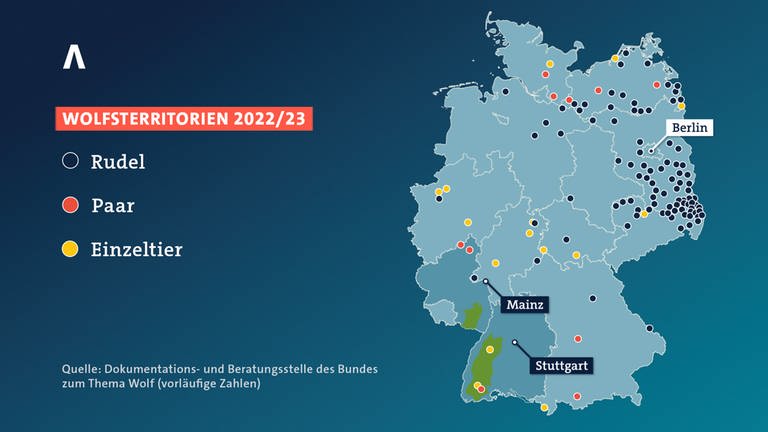 Karte der Wolfsterritorien in Deutschland für 20222023 (vorläufige Daten) (Foto: SWR)