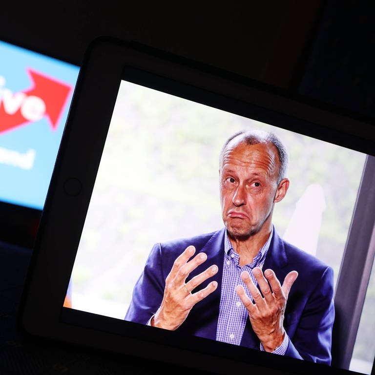 Ein AFD Logo auf einem PC-Monitor (im Hintergrund) und davor ein Foto von Friedrich Merz (CDU) auf einem iPad. (Foto: IMAGO, Rene Traut)