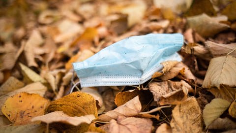 Ein benutzter Mund-Nasen-Schutz liegt auf dem Boden zwischen Herbstlaub. (Foto: picture-alliance / Reportdienste, dpa Bildfunk, Christian Charisius)