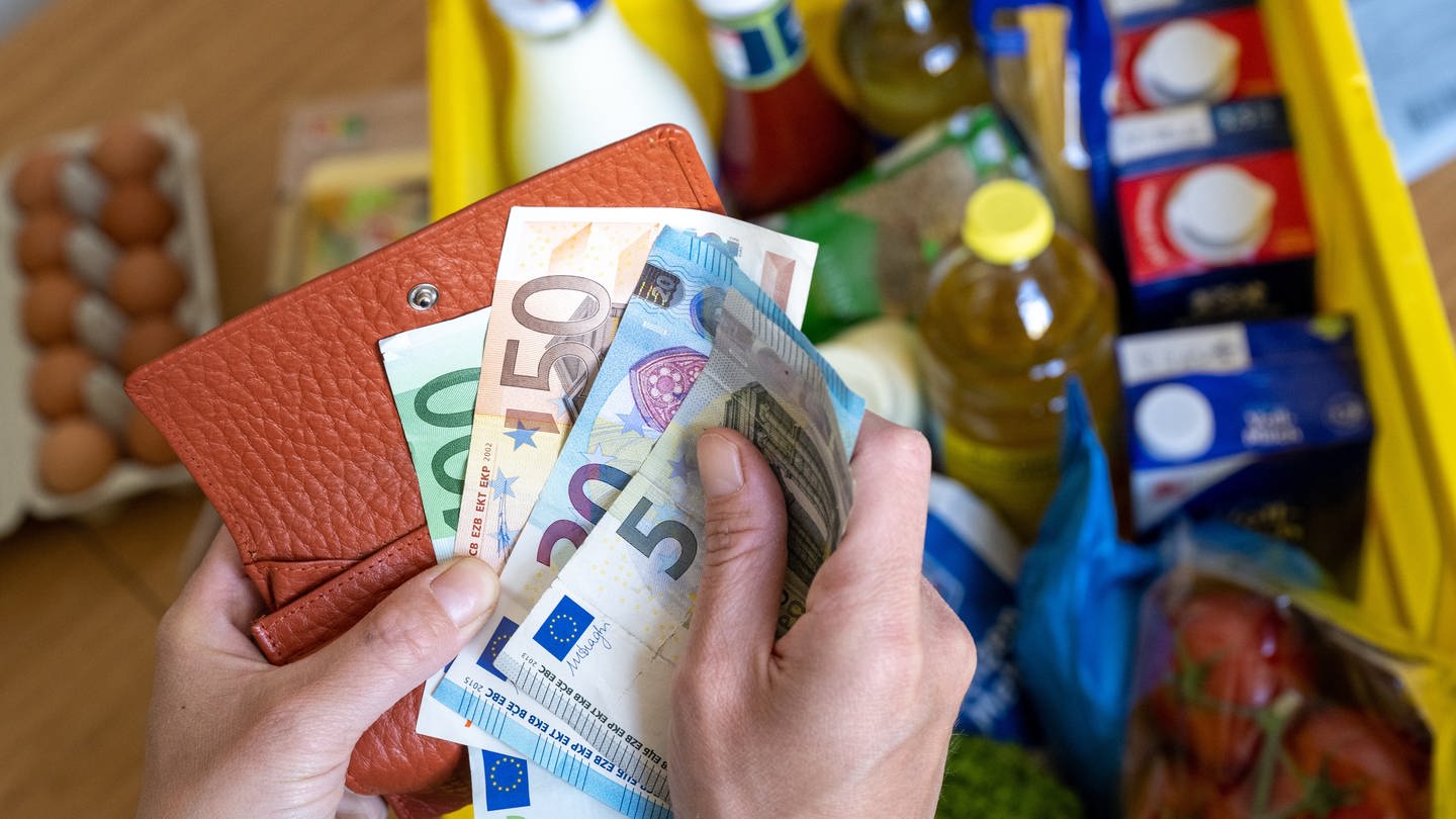 Eine Einkaufskiste mit Lebensmitteln steht auf einem Küchentisch, während eine Frau Euro-Banknoten in den Händen hält. (Foto: picture-alliance / Reportdienste, dpa Bildfunk, Hendrik Schmidt)
