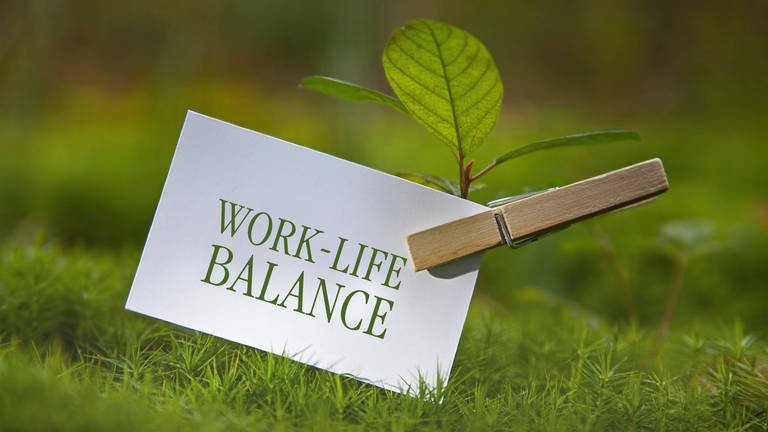 Baumsämling auf einer Wiese mit angeklammerten Zettel mit der Aufschrift Work-Life-Balance 