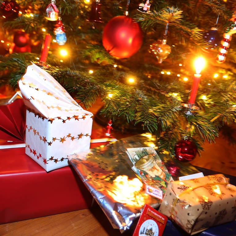 Verpackte Geschenke liegen unter einem festlich geschmücktem Weihnachtsbaum.