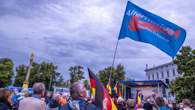 Ein Anhänger der AfD hält zum Auftakt der Wahlkampftour der AfD vor der Bühne eine Fahne der Partei. (Foto: dpa Bildfunk, picture alliance/dpa/dpa-Zentralbild | Jens Büttner)