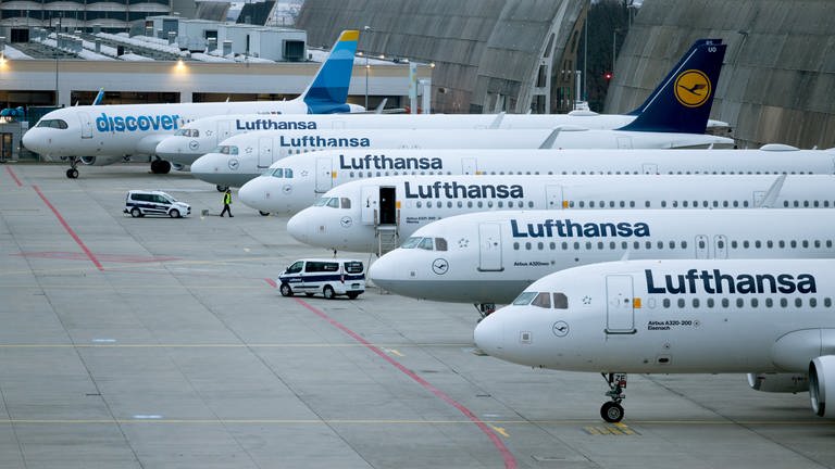 Abgestellte Flugzeuge der Lufthansa sowie eines der Discovery Airline stehen auf dem Flughafen Frankfurt.  (Foto: dpa Bildfunk, picture alliance/dpa | Lando Hass)
