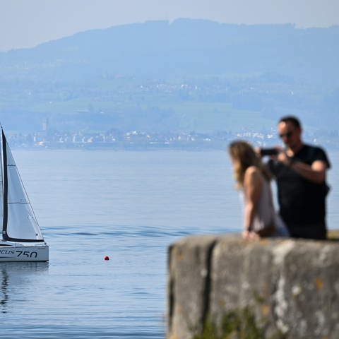 Ein Segelboot einer Segelschule trainieren vor Kressbronn auf dem Bodensee, während ein Paar im Vordergrund auf der Terasse des Schlosses Montfort steht. Der See ist ruhig, es geht kaum Wind. (Foto: dpa Bildfunk, picture alliance/dpa | Felix Kästle)